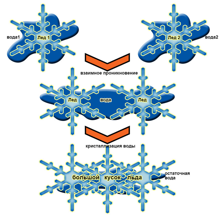  
Вода проникает между кристалликами льда и тоже частично кристаллизуется, таким образом из двух рыхлых снежных комков образуется один, более плотный. Снежинки показаны условно.