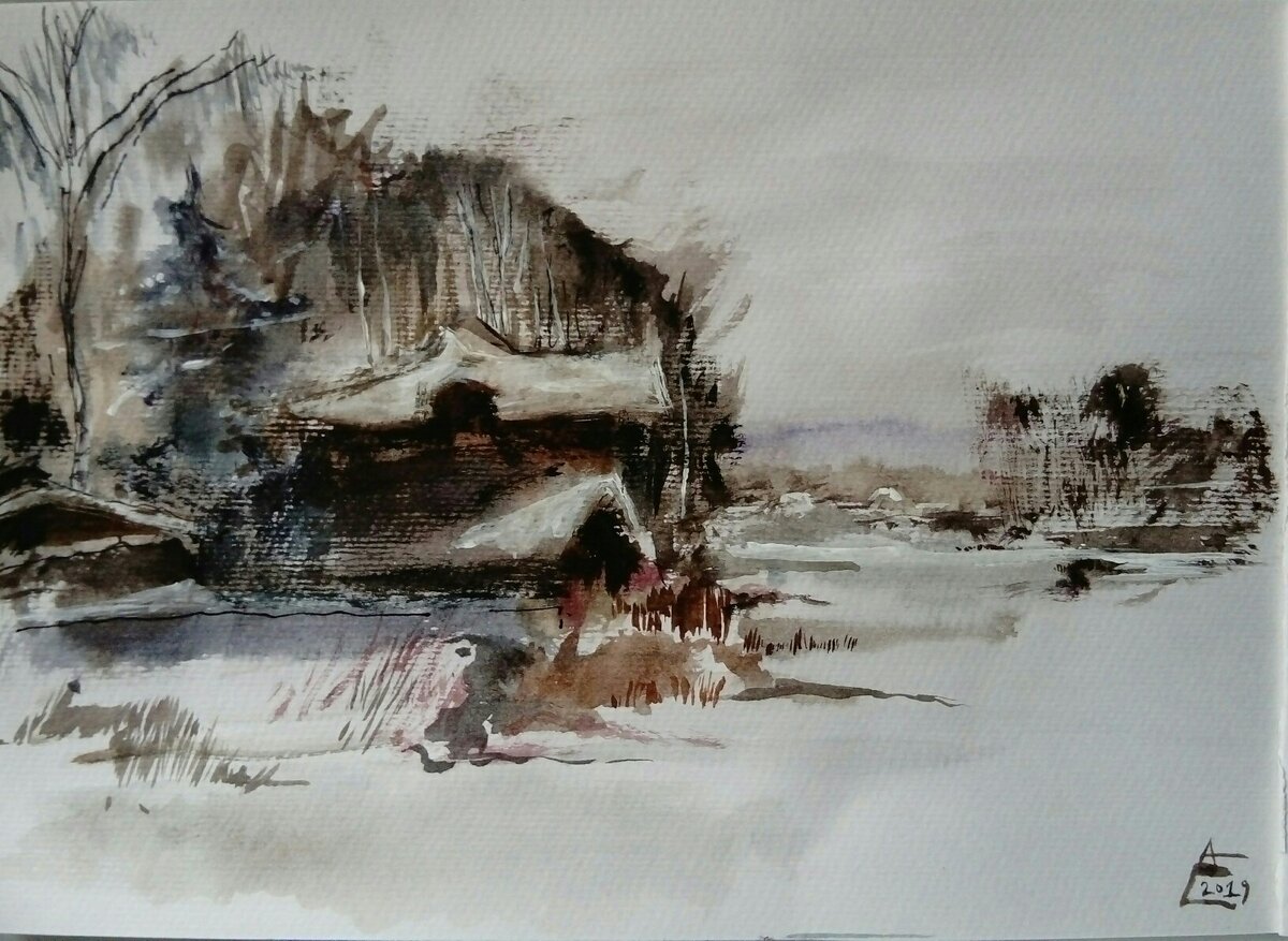 Зимой в Подмосковье. Акварель. 2019