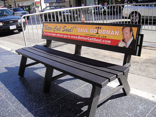 Breaking Bad Screening Lab in Hollywood - Saul Goodman Bench. This file is licensed under the Creative Commons Attribution 2.0 Generic license. Author	popculturegeek.com.
