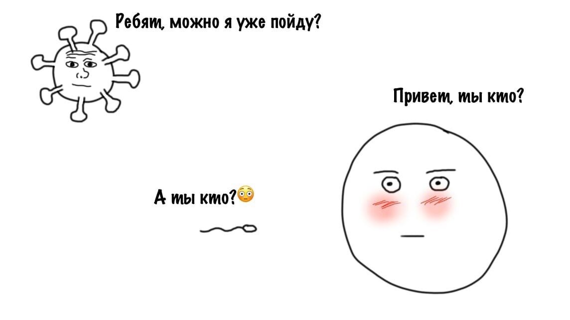 Вот они слева направо: вирус, сперматозоид и яйцеклетка. Конечно, рисунок не в масштабе.