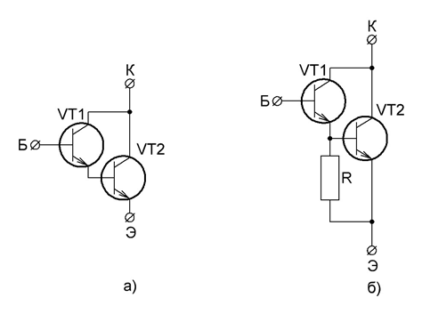 Рис 1. Внутренняя схема транзистора Дарлингтона, два варианта.
