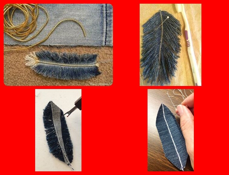 Оригинальное украшение — перья из старой джинсы