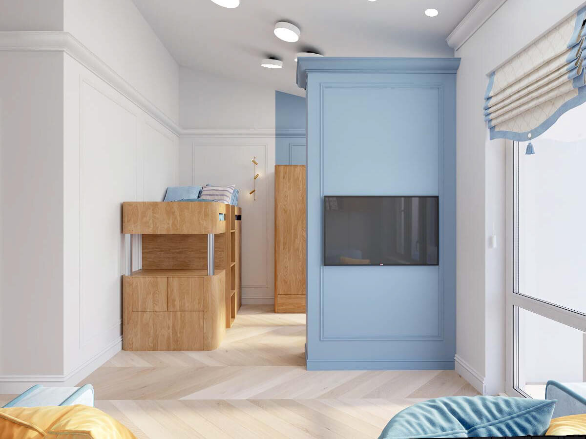 Голубой стеллаж в качестве перегородки фото 2