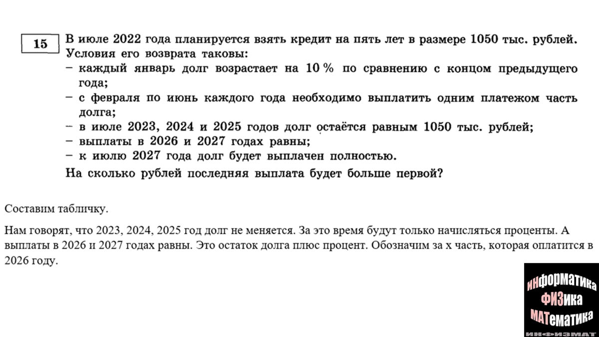 Финансовая математика в №15 ЕГЭ математика профильный уровень. Практический  разбор + задачи для тренировки. Часть 1. | In ФИЗМАТ | Дзен