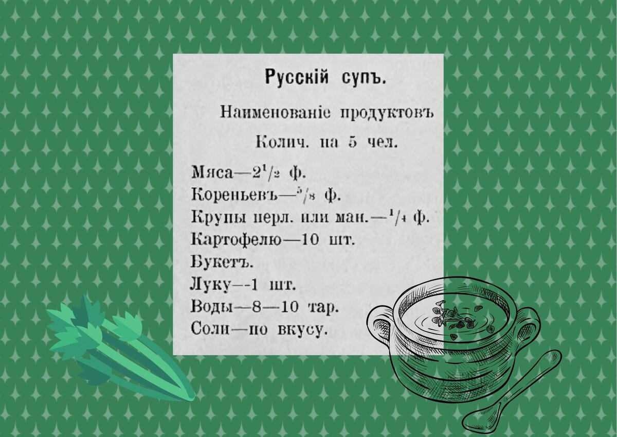 Из книги Александровой-Игнатьевой 1909 года. В одной тарелке  — 1,5 стакана воды, в 1 фунте - 409 граммов. Коренья: репа, порей, морковь, петрушка, сельдерей. Букет зелени: сельдерей, порей, петрушка.