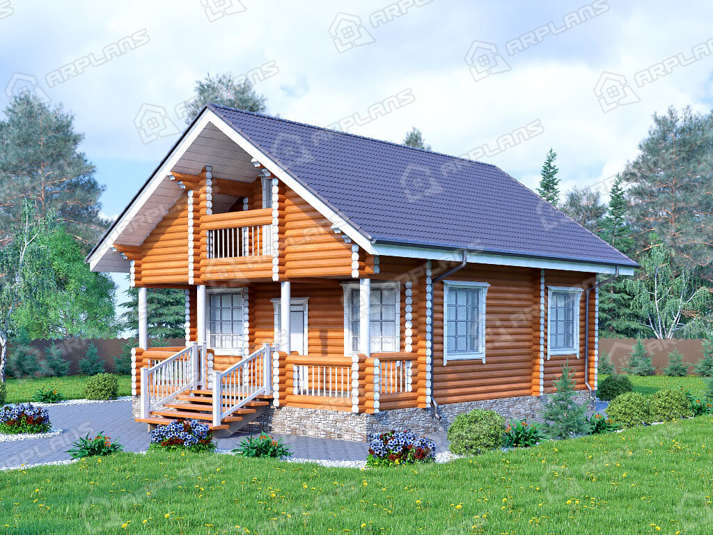 Фото 2 деревянного двухэтажного дома из бревна с мансардой, 3 спальнями, балконом, гостевой и террасой. Общая площадь 116 кв м. Источник arplans.ru Проект ДО-003 