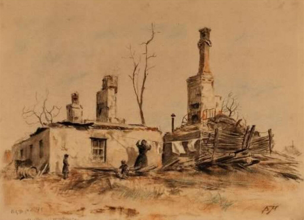 Б.М. Неменский. Фронтовая графика. Дома оживают. 1943 г.