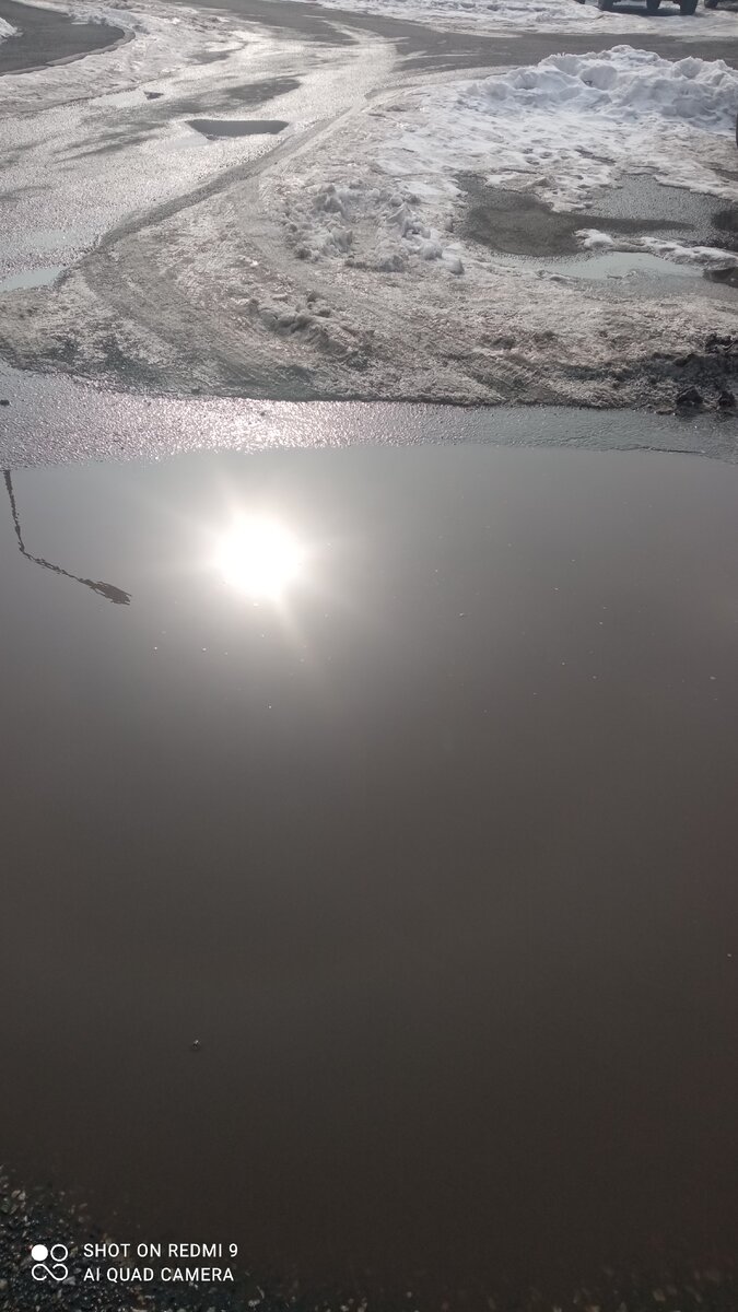 Вот такая огромная лужа уже образовалась. День замечательный, солнечный, яркий. Скоро потекут ручейки.