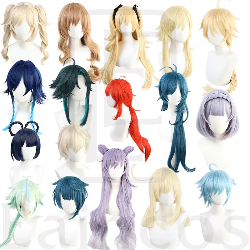 Но если ваш персонаж с замысловатой прической и цветом волос, парик – самая необходимая основа косплея. 
Парики на фото для персонажей из игры "Геншин Импакт"