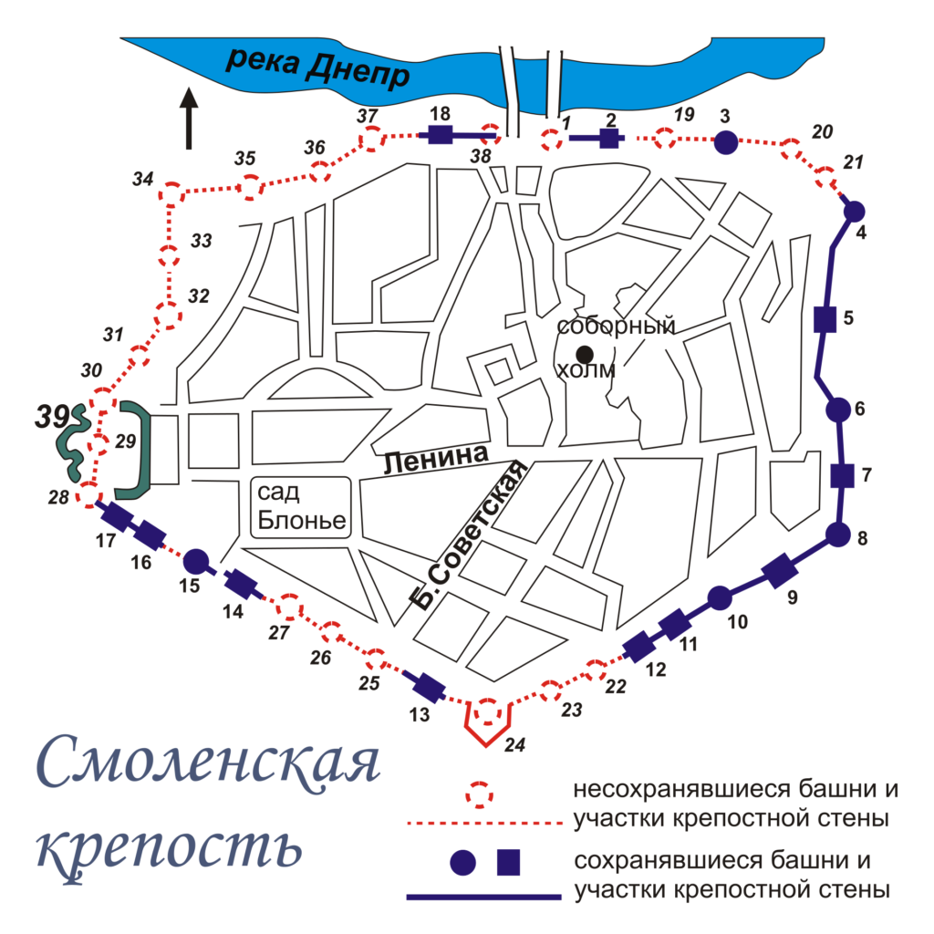 Схема смоленской крепостной стены с названиями башен