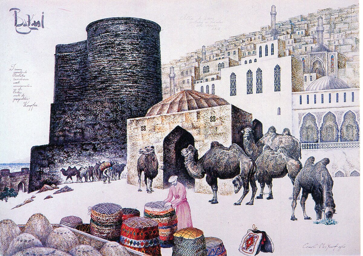 Baku art. Девичья башня Баку картины. Картина Девичья башня Азербайджан. Девичья башня Баку в живописи. Баку Девичья башня иллюстрация.