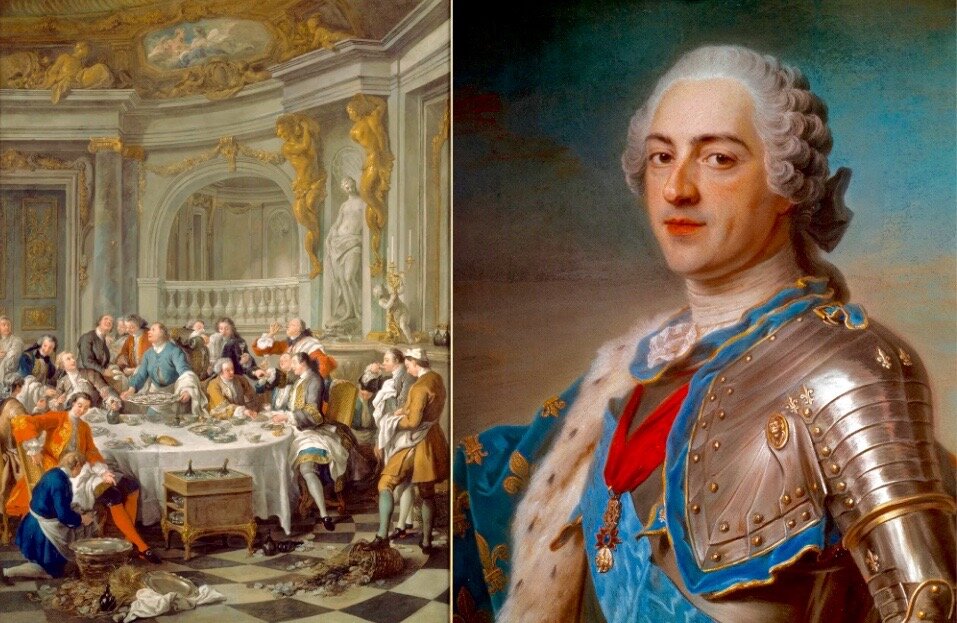Жан-Франсуа де Труа. Устричный обед. 1735 год. / Морис Кантен де Латур. Парадный портрет Людовика  XV. 1748 год.