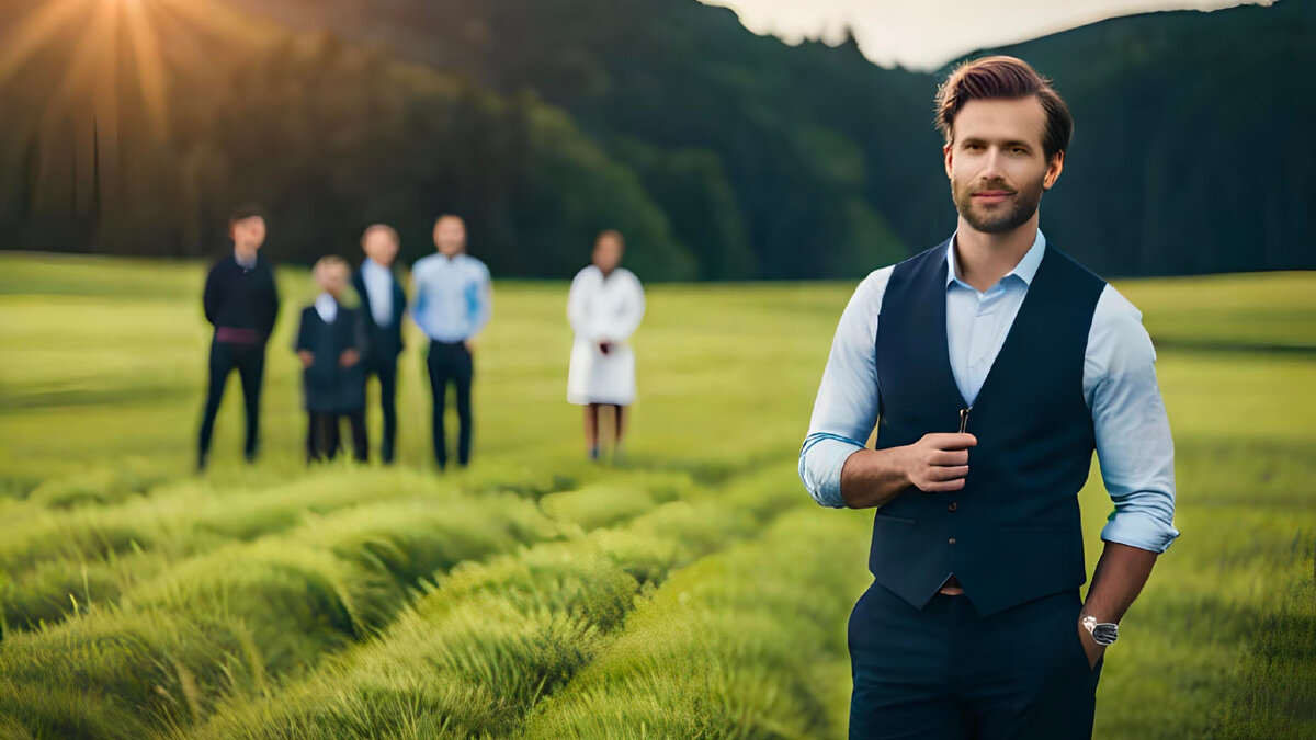 Молодой учитель стоит рядом со своими учениками 