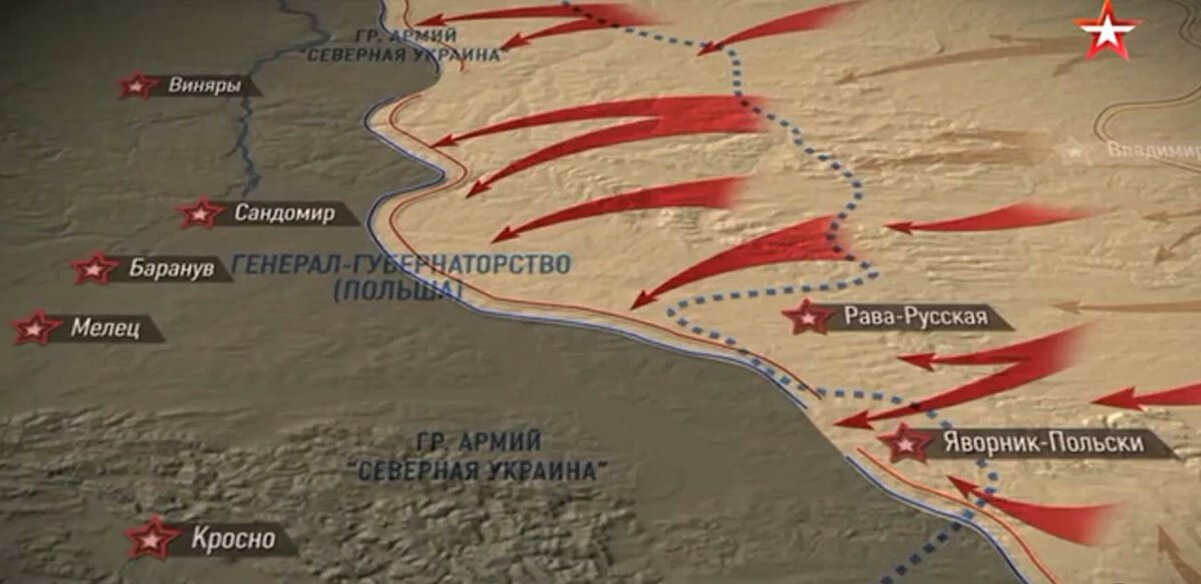 Положение фронта к концу июля 1944 года перед самым броском 1-й и 3-й танковых армий к Висле к городам Сандомир и Баранув. Карта взята с "Яндекс.Картинки".