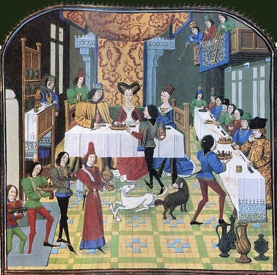 Festin d'apparat Histoire d'Olivier de Castille et d'Artus d'Algarbe Paris, BnF, Département des manuscrits, Français 12574 fol. 181v ("Парадный пир". Книжная миниатюра из книги  История Оливье де Кастилия и Артус Д'Альгарбе Париж, 15 век).