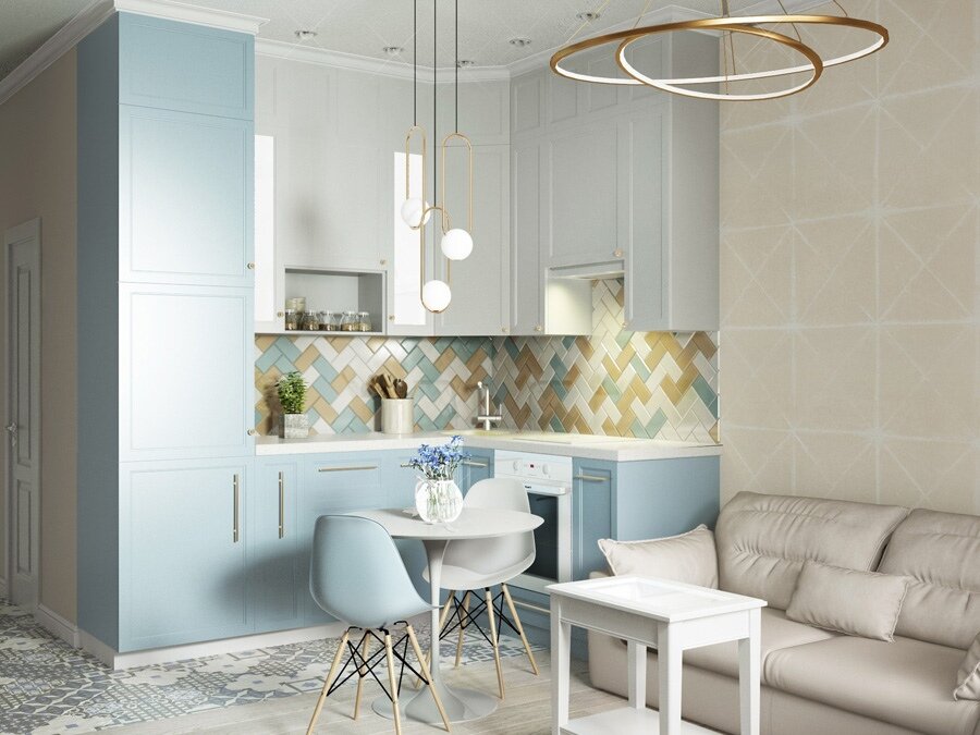 Этот красивый интерьер студии площадью 21,5 м², созданный дизайнером Татьяной Буркиной, достаточно прост для повторения. И это прекрасно, ведь решение предложенное дизайнером, не только весьма практично, но и несет в себе легкую современную эстетику.