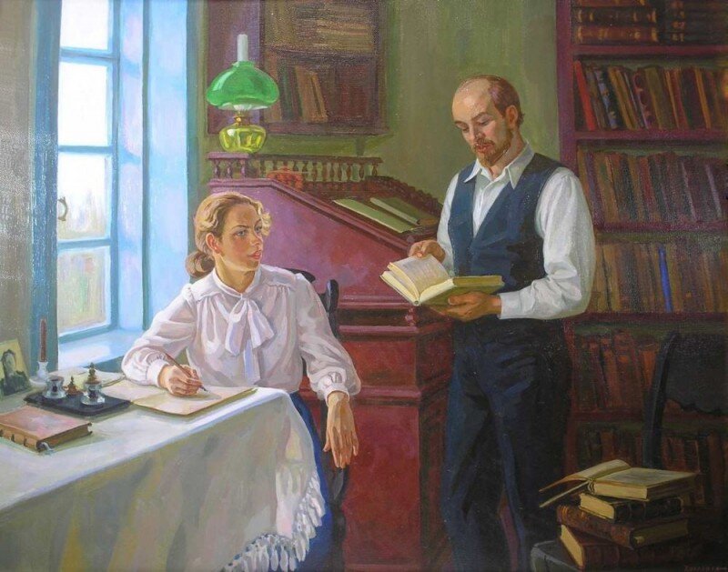 Эльза Хохловкина "За работой." (В.И.Ленин и Н.К.Крупская в Шушенском). 1984 год.