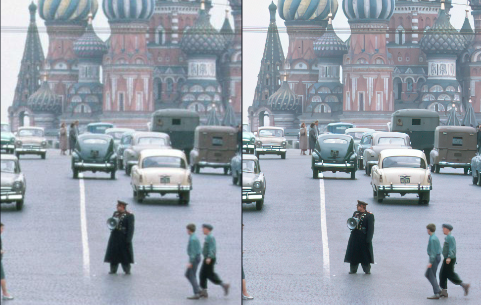 До и после. Это лишь кусочек огромного изображения размером 4к. Это работа только нейросети, без коррекции в фотошоп.