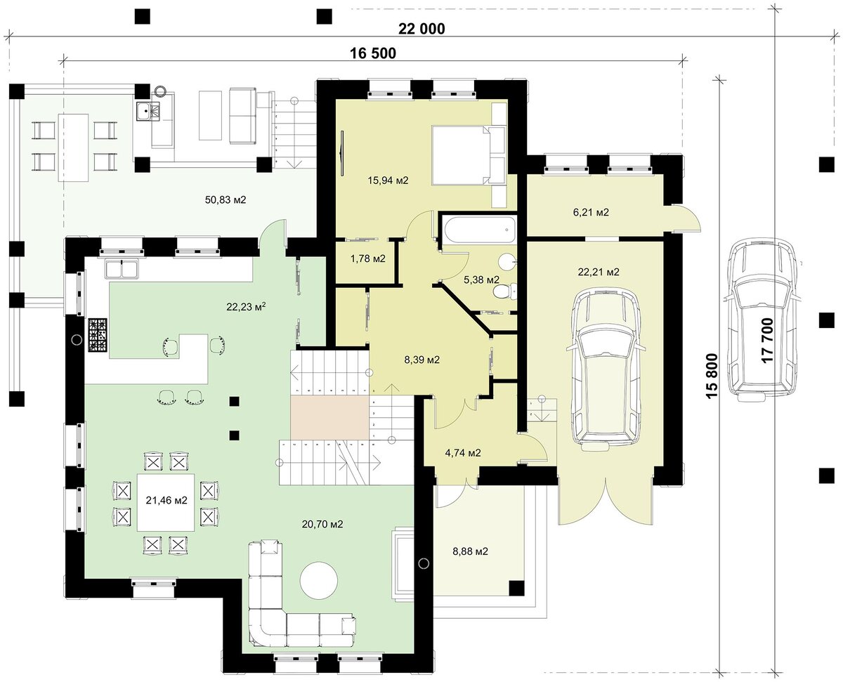 Первый этаж - Здесь два уровня. Нижний - входная зона, гостевая спальня с ванной, гараж. Чуть выше расположены общие комнаты - каминная и столовая с большой кухней.