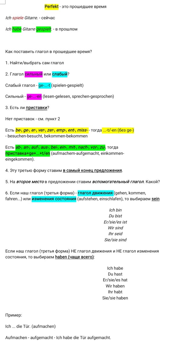 Шпаргалка о том, как формируется Perfekt.