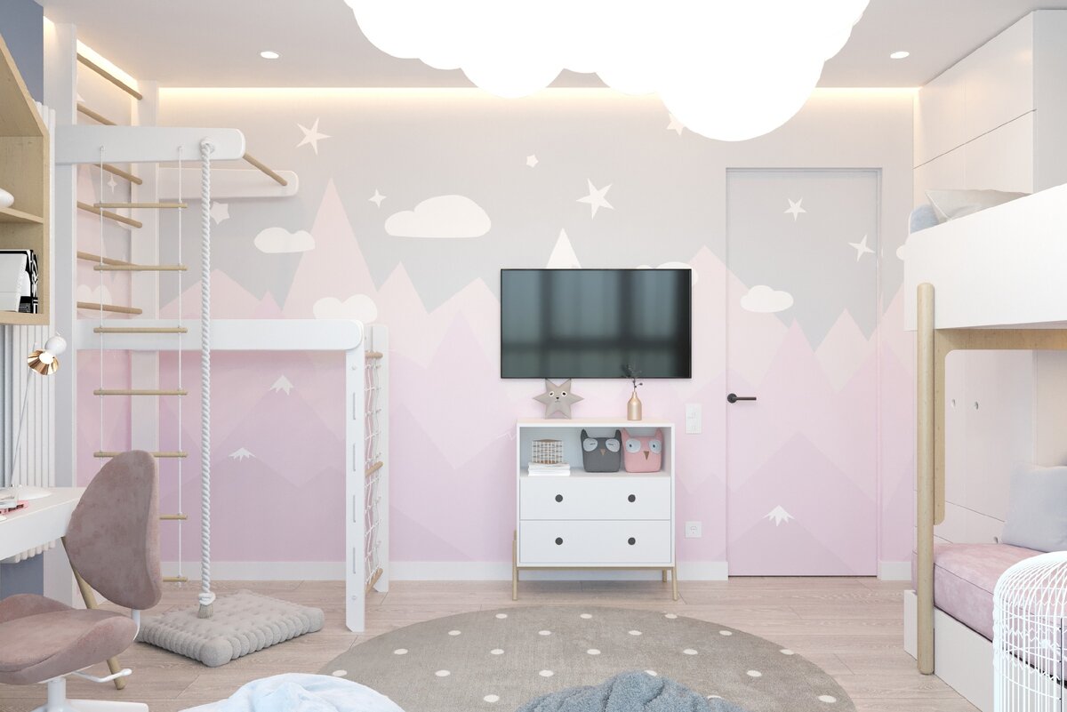 В нежную атмосферу комнаты гармонично вписано место для активных игр. 