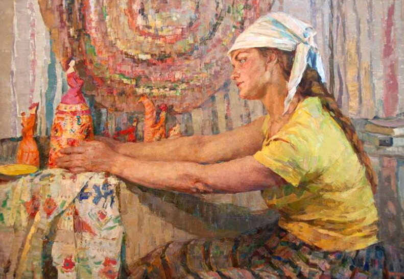 Картина Народная мастерица филимоновской игрушки, 1964 год, холст, масло. Художники Зайцева А.Г.