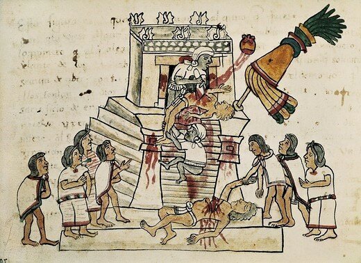 Жертвоприношение в храме ацтеков. Codex Magliabechiano.
