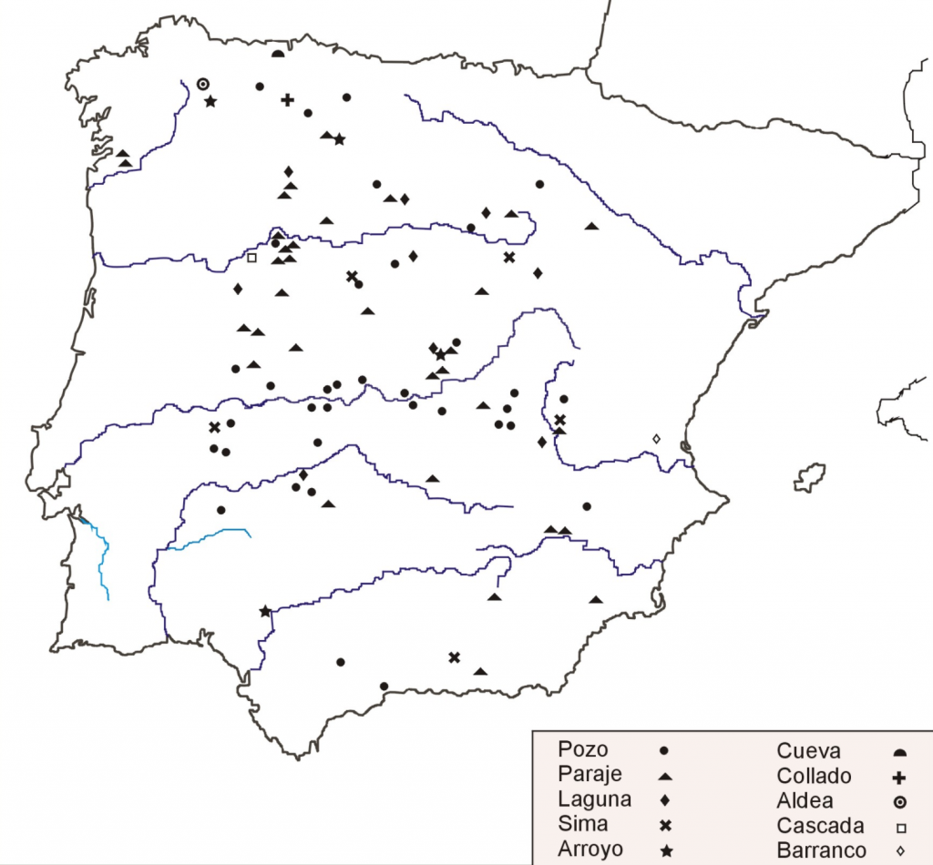 Localización Pozos Airón en España. На карте показаны «колодцы Айрона», разбросанные по всей Испании. Часто это не только колодцы, но и ущелья, лагуны, пещеры, водопады…