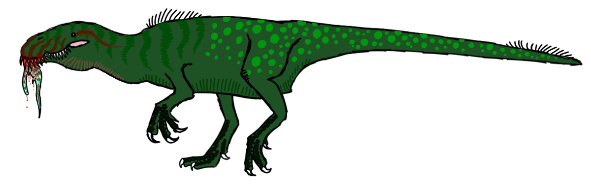 3,7м в длину, 1,6 в высоту, ест рыб и мелких и средних зверьков