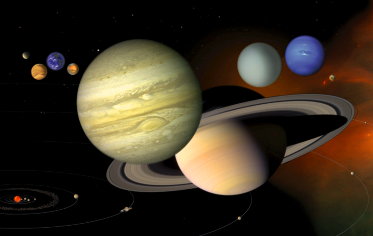 Газовые гиганты (слева направо: Юпитер, Сатурн, Уран и Нептун), возможно, вытолкнули Планету 9 на окраину нашей солнечной системы или за ее пределы, в глубокий космос.