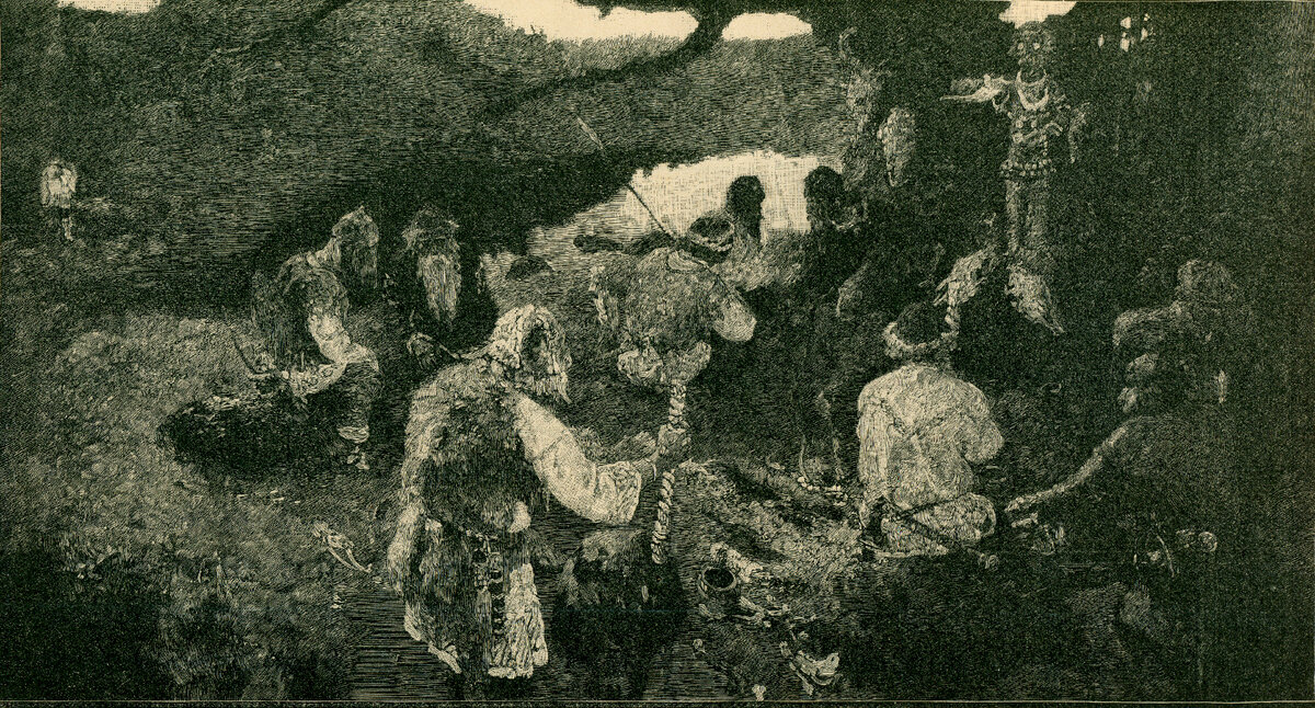 Н. К. Рерих. Сходятся старцы. 1898. Гравюра К. А. Зоммера. Опубликовано в журнале "Искусство и художественная промышленность". – 1900. – № 19. Собрание Санкт-Петербургского музея-института семьи Рерихов