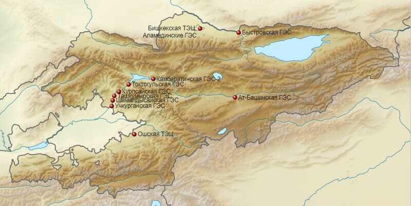 © Виктор_В / CC BY-SA 3.0 (Карта гидро- и теплоэлектростанций Киргизии)