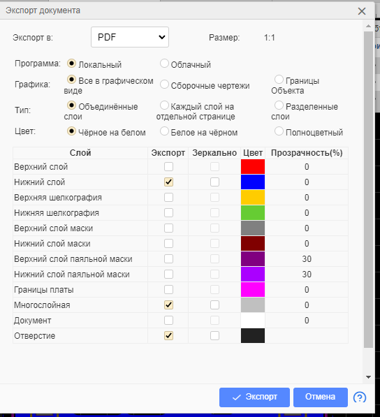 Параметры экспорта