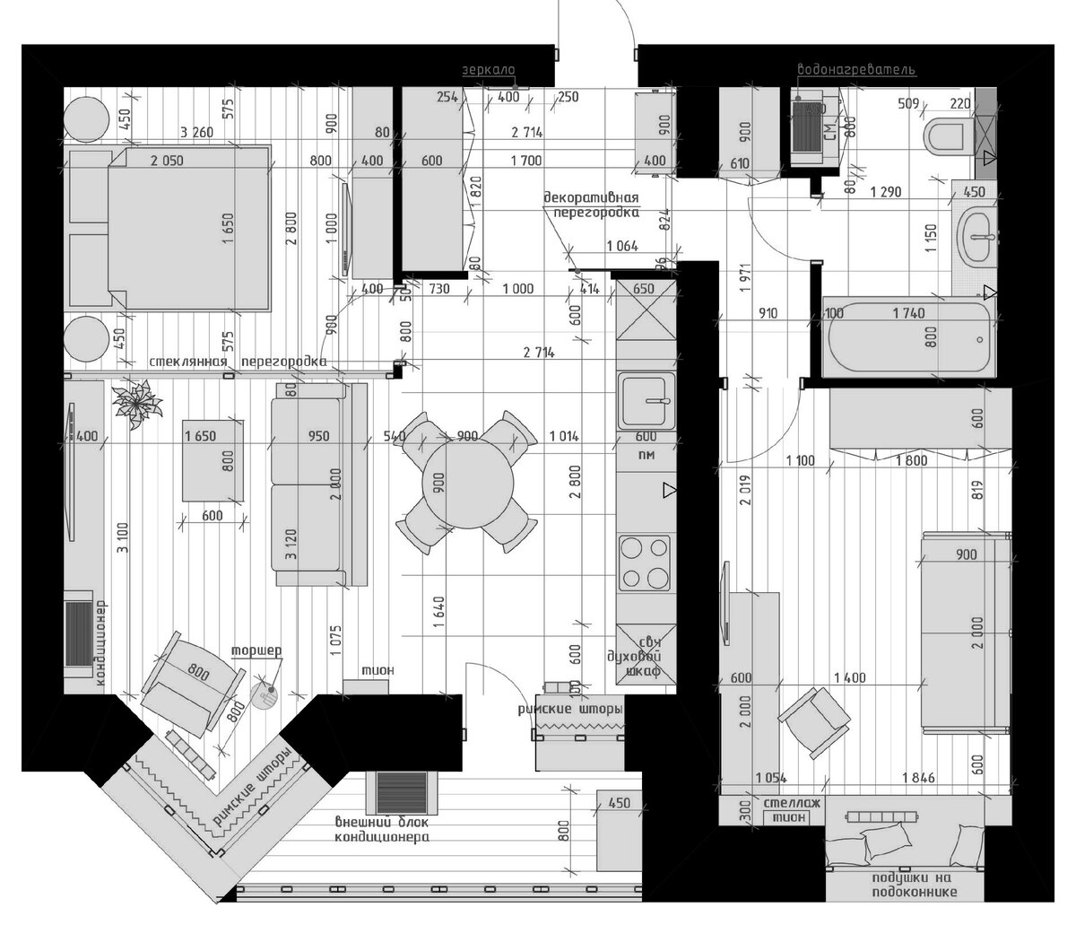 Работы по перепланировке провели масштабные — демонтировали почти все старые перегородки, не трогали только несущую стену, ограждающую детскую и коридор с санузлом. Остальное пространство разделили между прихожей, спальней и кухней-гостиной.