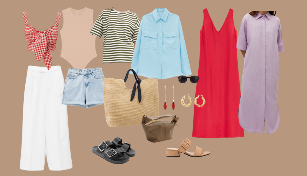 Что в капсуле: яркий укороченный топ в клетку, боди телесного оттенка, хлопковая футболка в полоску (вполне морская тематика), легкая рубашка василькового цвета. Из низов - белые джинсы и джинсовые шорты. Акцентное платье и платье-рубашка для похода на пляж. Соломенная сумка-шопер и небольшая сумочка для похода в город и в вечерних выходов. Из обуви - биркенштоки и удобные сабо. Солнцезащитные очки и серьги на разные случаи. Фото - моё.