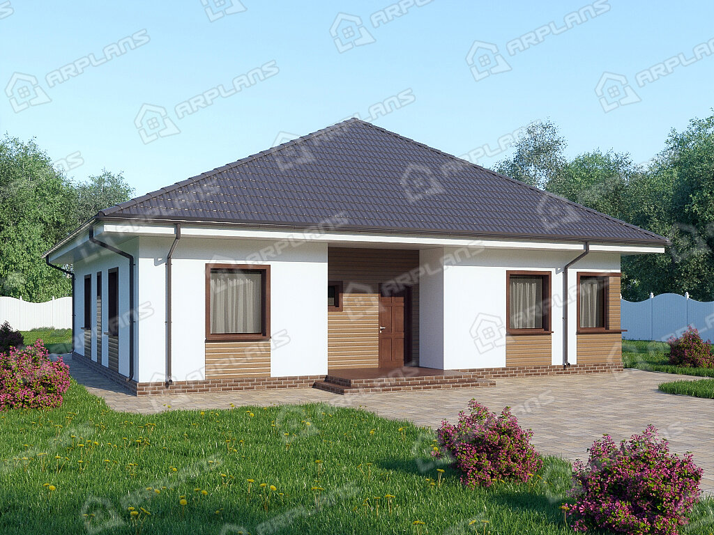 Фото 1 одноэтажного дома из газобетона с 3 спальнями и террасой. 130 кв м. Источник arplans.ru Проект К-160