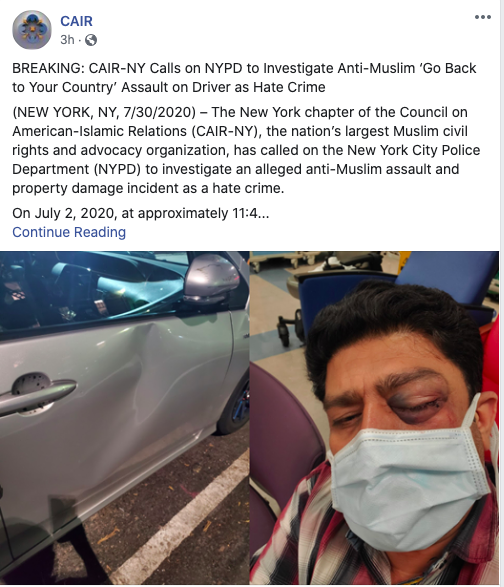 В четверг CAIR опубликовала на своей Фейсбук-странице информацию о нападении на таксиста-мусульманина на почве религиозной неприязни