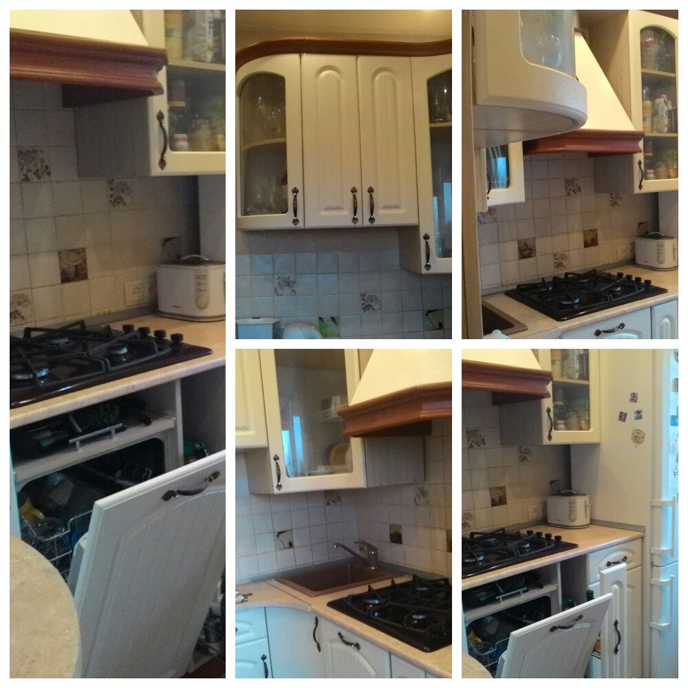 Как видите, уместилась и огромная вытяжка, и холодильник, и посудомойка. Микроволновка с функцией духовки напротив холодильника висит на кронштейнах на стене над обеденным столом.