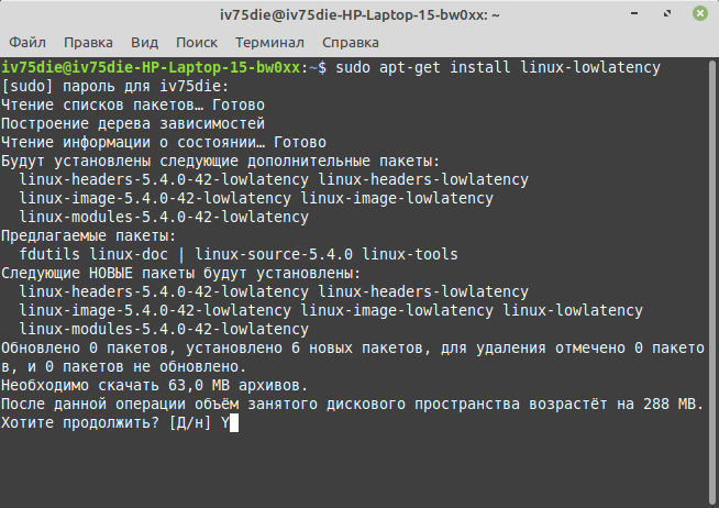 вводим пароль, жмём Enter. На вопрос «Хотите продолжить?» вводим «Y» либо русскую «Д», затем снова Enter и ждём окончания выполнения команды.