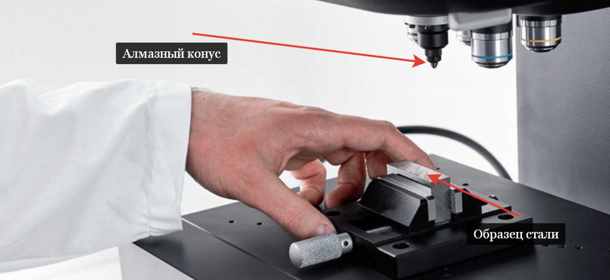 Определение твердости стали алмазным конусом. Конус просто погружается в сталь под давлением пресса