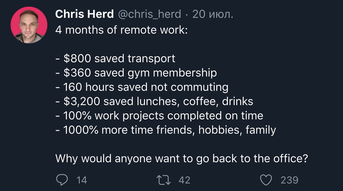 Популярный твит на тему WFH - "работа из дома"