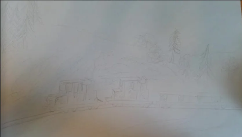 Мотовозы на железной дороге у Песчаной горки, 2020. Рисунок с нечёткой фотографии