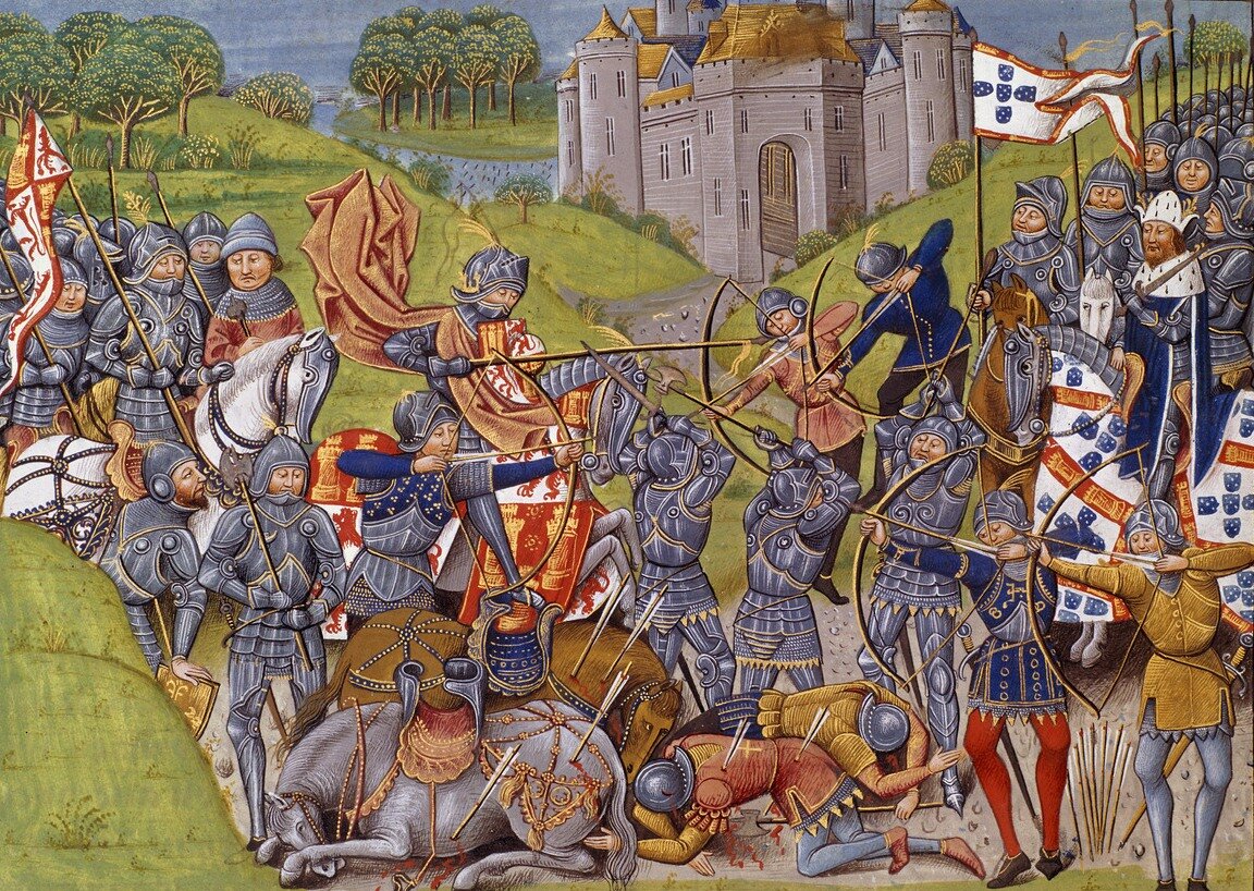 Английские лучники помогают Жуану одержать победу. Миниатюра из Староанглийских хроник.