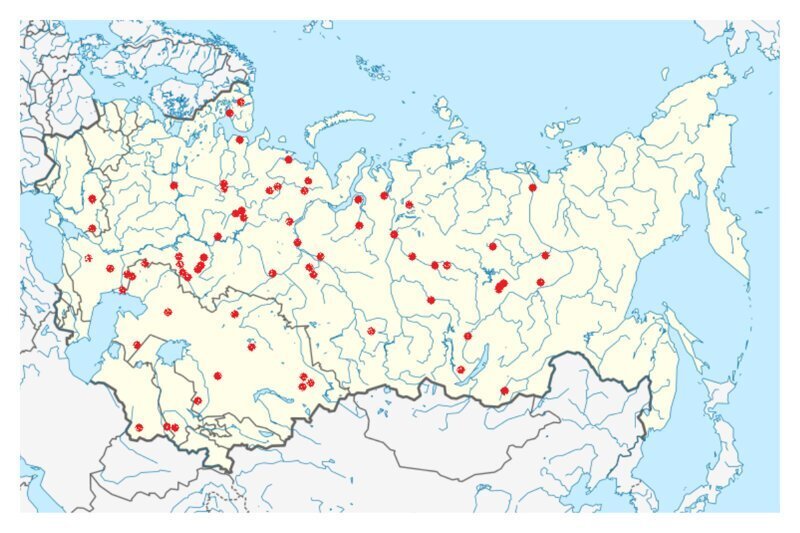 Точки на карте, где проводились подземные ядреные взрывы