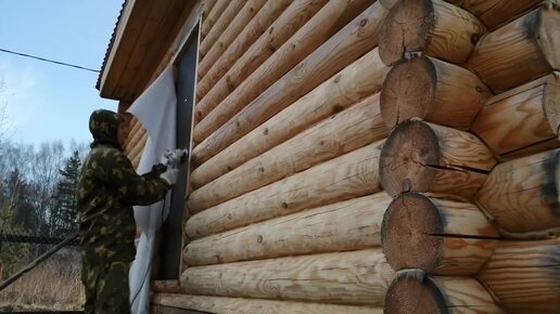 Шлифовка сруба перед покраской. Покраска сруба.