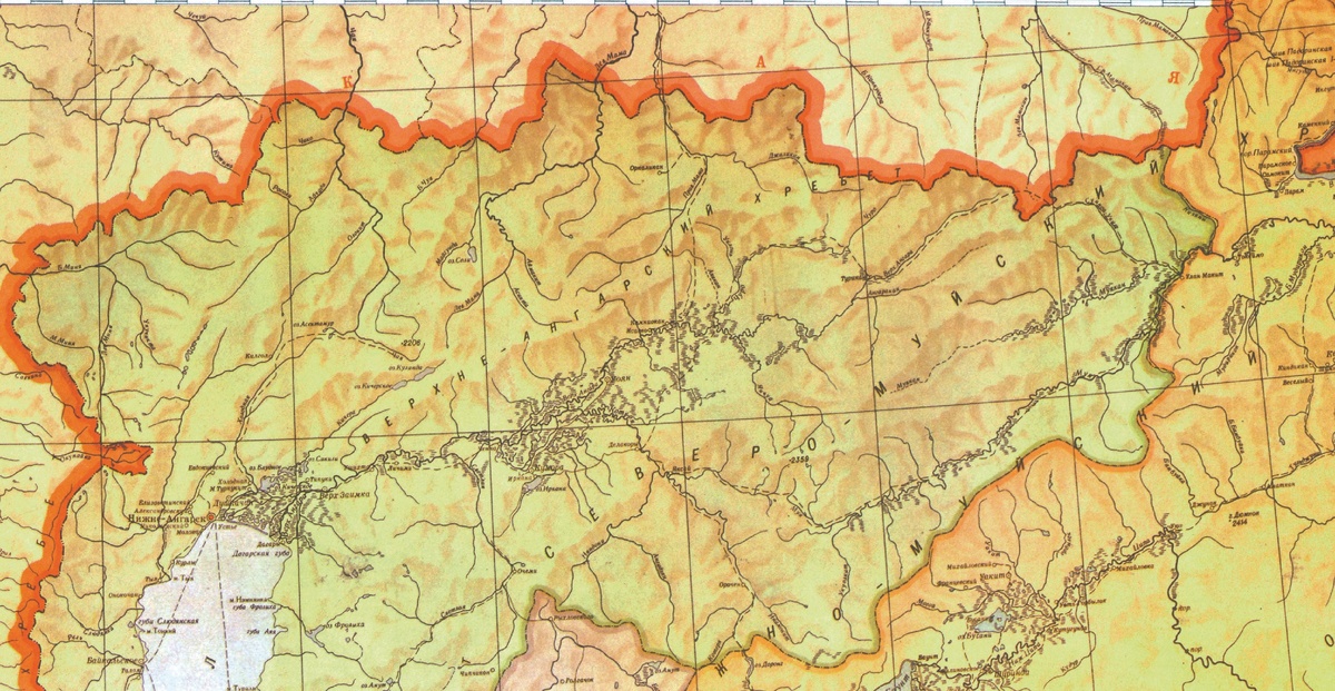 На фрагменте этой карты видна граница между Северо-Байкальским и Баунтовским районами Республики Бурятия до образования Муйского района.