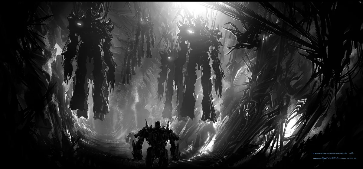 Концепт Джорджа Хилла. До конца непонятно, что какой именно момент иллюстрирует этот арт.  На арте видно Оптимуса и Айронхайда, находящихся в убежище десептиконов, в котором подвешены тела Мегатронов.  По одной из версий автоботы прибыли в в секретное логово Фолена, в котором он пытался "клонировать" Мегатрона.
