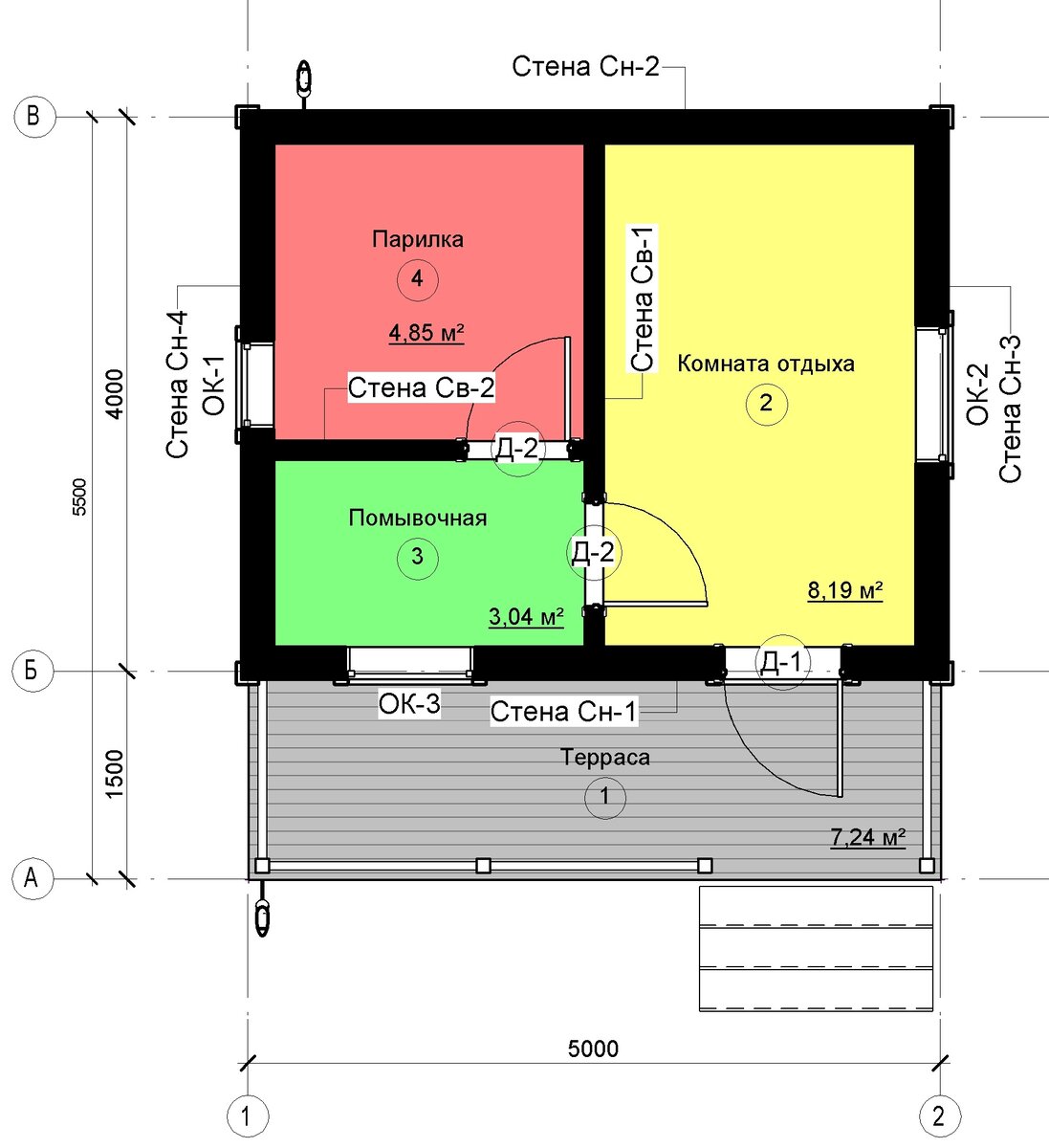 План каркасной бани 5х5,5 м.