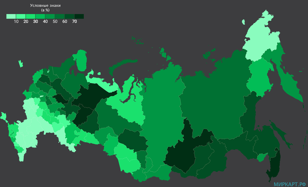 Лесистость по регионам России в процентах /МинКарт