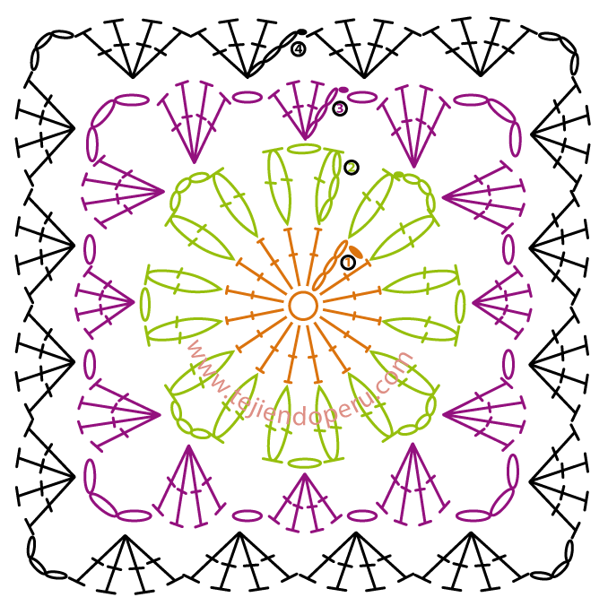 Схема крючком квадрат с ромашкой крючком